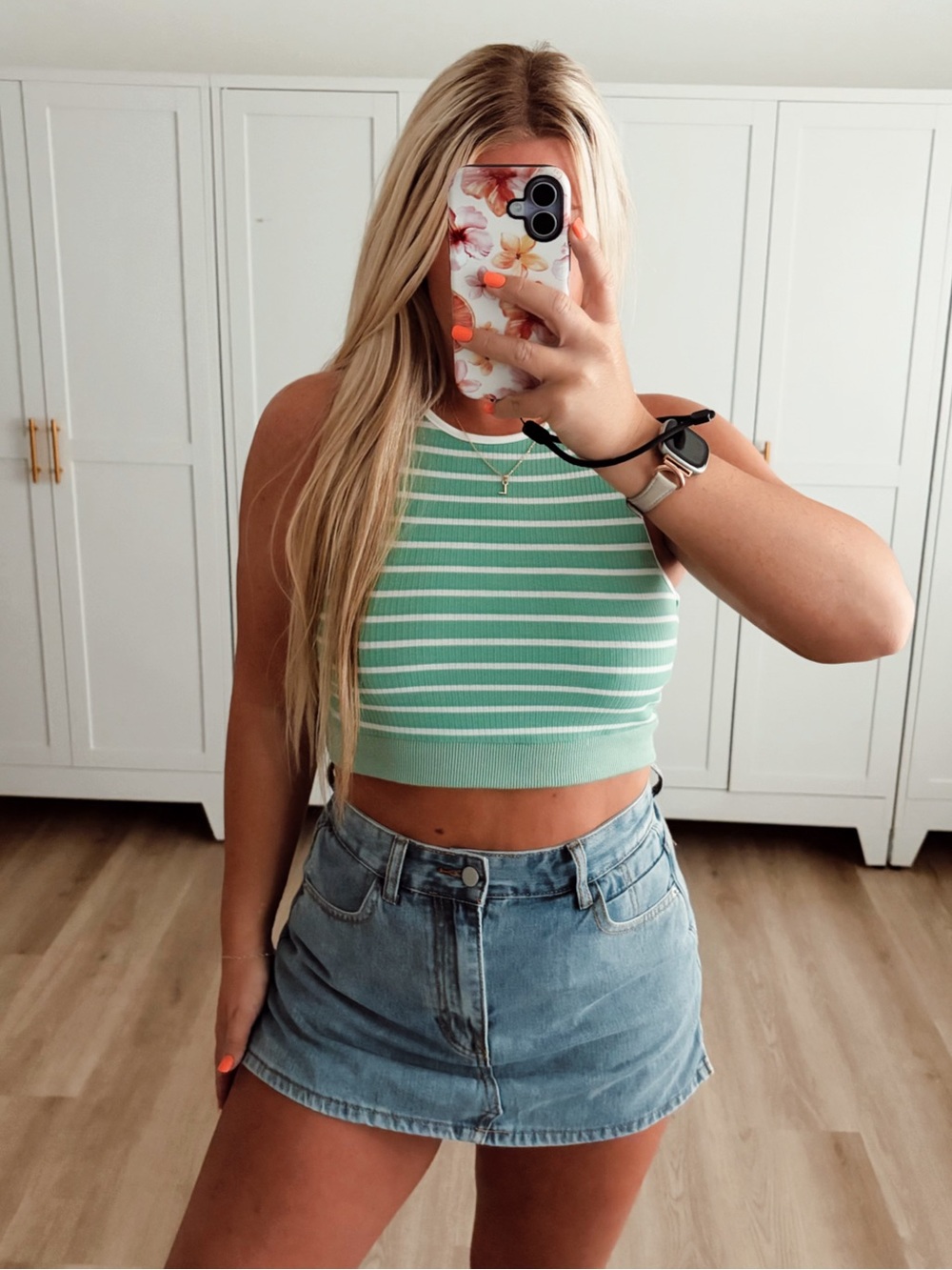 Green and white striped cropped tank top